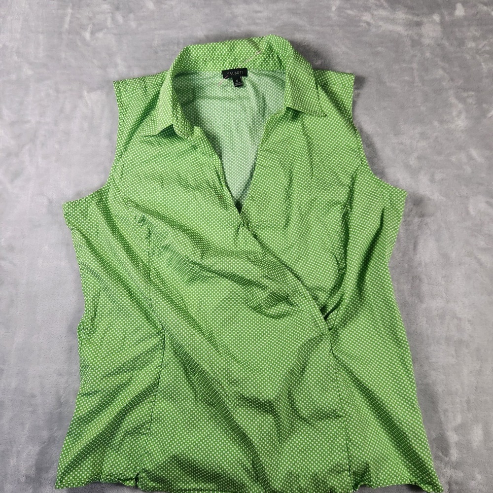 Talbots Polka Dot Print Sleeveless Collared Top Blouse Green Sz 12